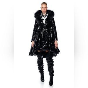 AKIRA Glossy Black Peplum Puffer Coat with Faux Fur